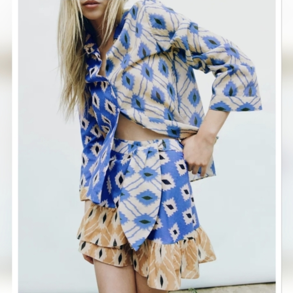 Zara Blue and Tan Ikat Print Mini Skirt with Ruffle Hem